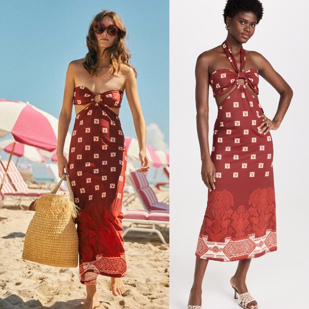 NWT Johanna Ortiz Quechua Cutout Midi Dress XL | Andean Wine/Ruby Cerise